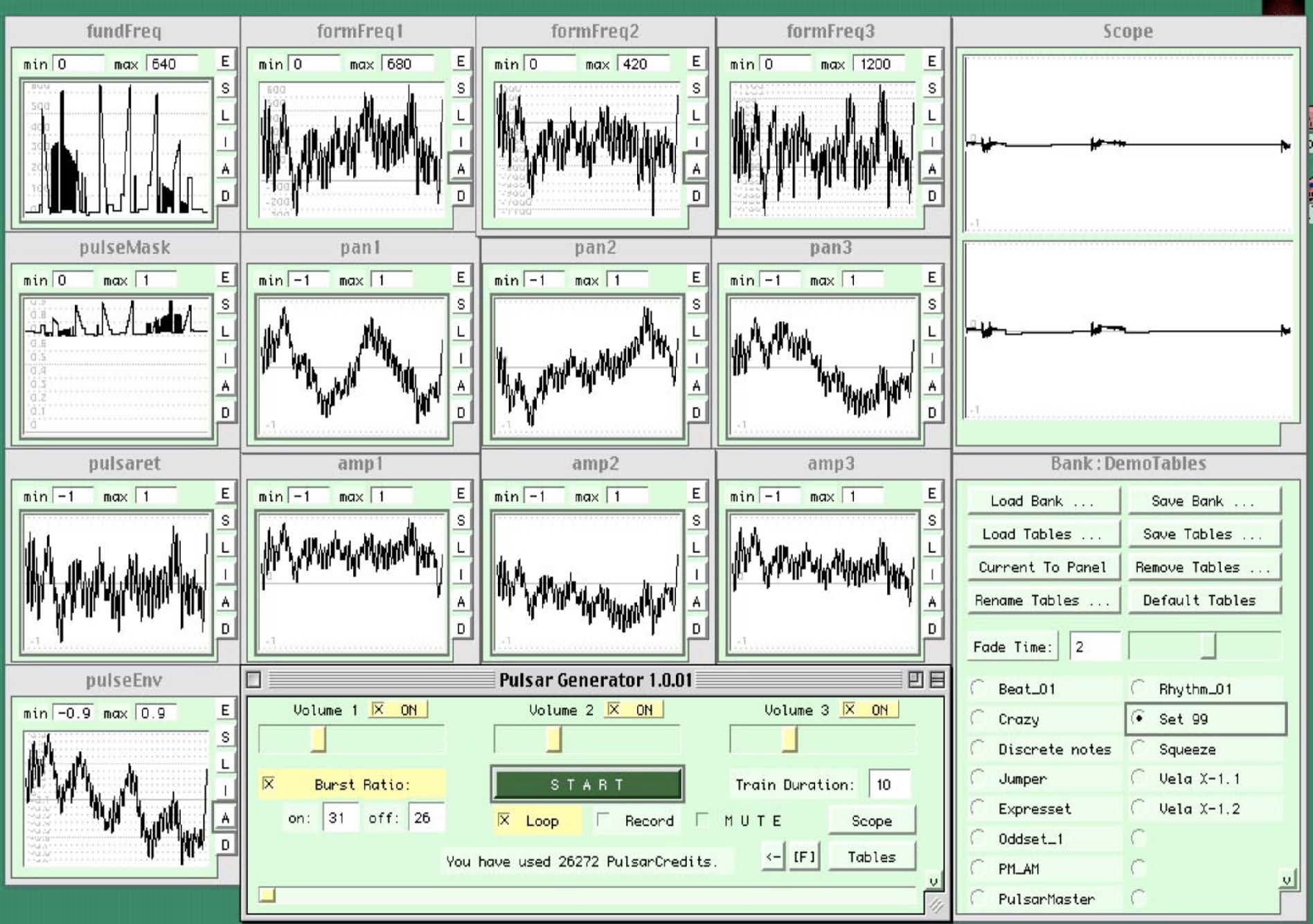 Pulsar Generator main interface showing a generalised table type control over pulsaret fundamental frequency with three separate tables for formant frequency, spatial position and amplitude.